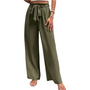 Green Wide Leg Pants with Tie-Belt NWOT
